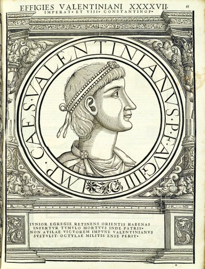 Valentinianus III, illustration from Imperatorum Romanorum Omnium Orientalium et Occidentalium Verissimae Imagines ex Antiquis Numismatis by Hans Rudolf Manuel Deutsch